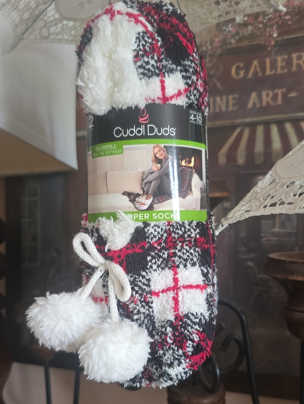 Cuddl Duds Red Black White Plaid Pom-Pom Fuzzy Slipper Socks